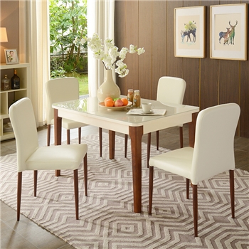 家具 餐桌 折叠可伸缩实木脚餐桌椅组合 现代欧式客厅家具 米黄色 一桌四椅